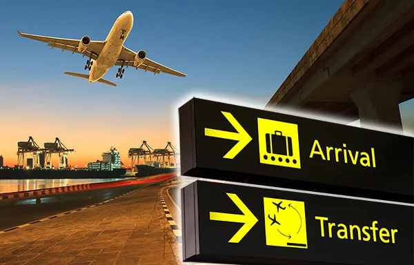 Plane flying over a bridge with Arrival and Transfer Affordable Services sign